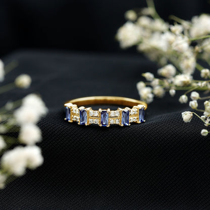 Certified Baguette Lab Grown Blue Sapphire Half Eternity Band Ring with Diamond