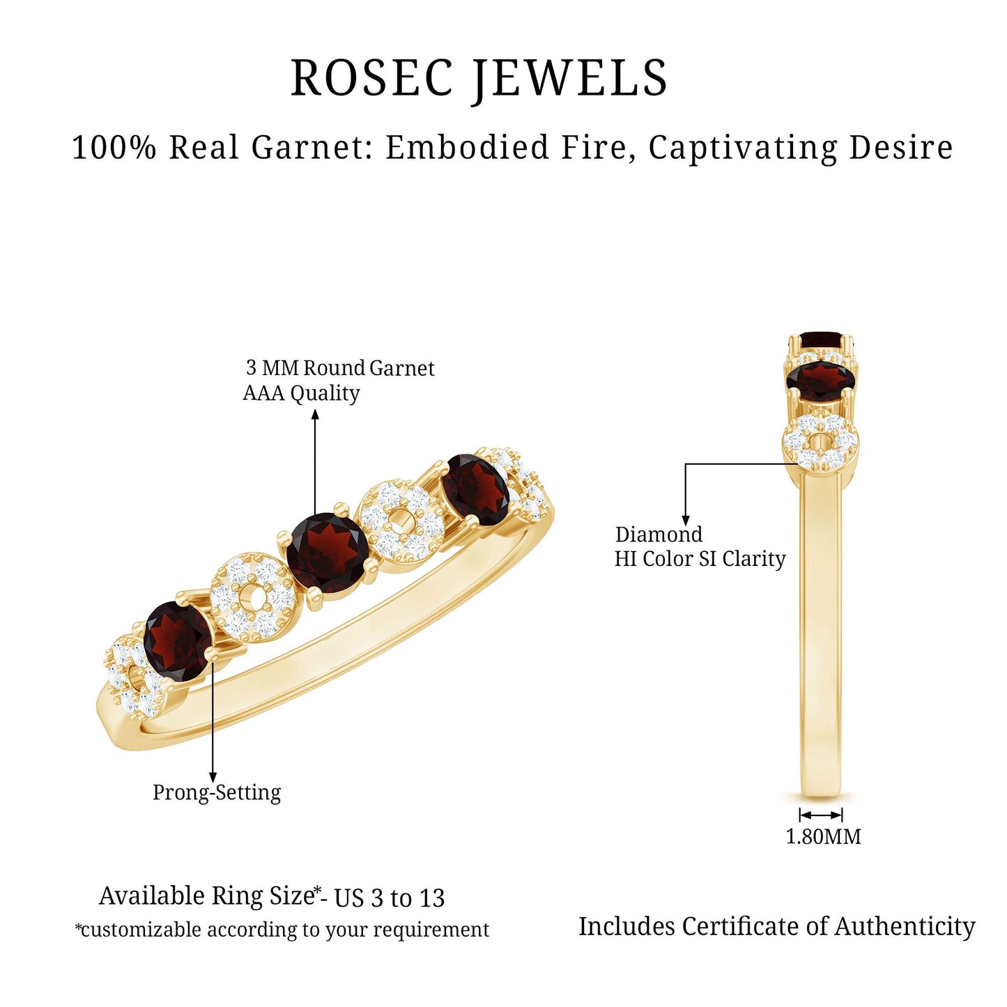 Natural Garnet Diamond Half Eternity Ring with Certificate