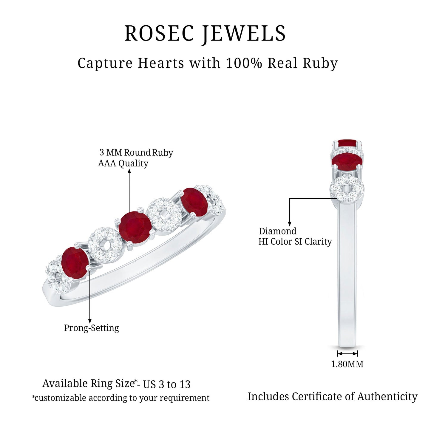 Genuine Ruby Half Eternity Ring with Diamond for Women