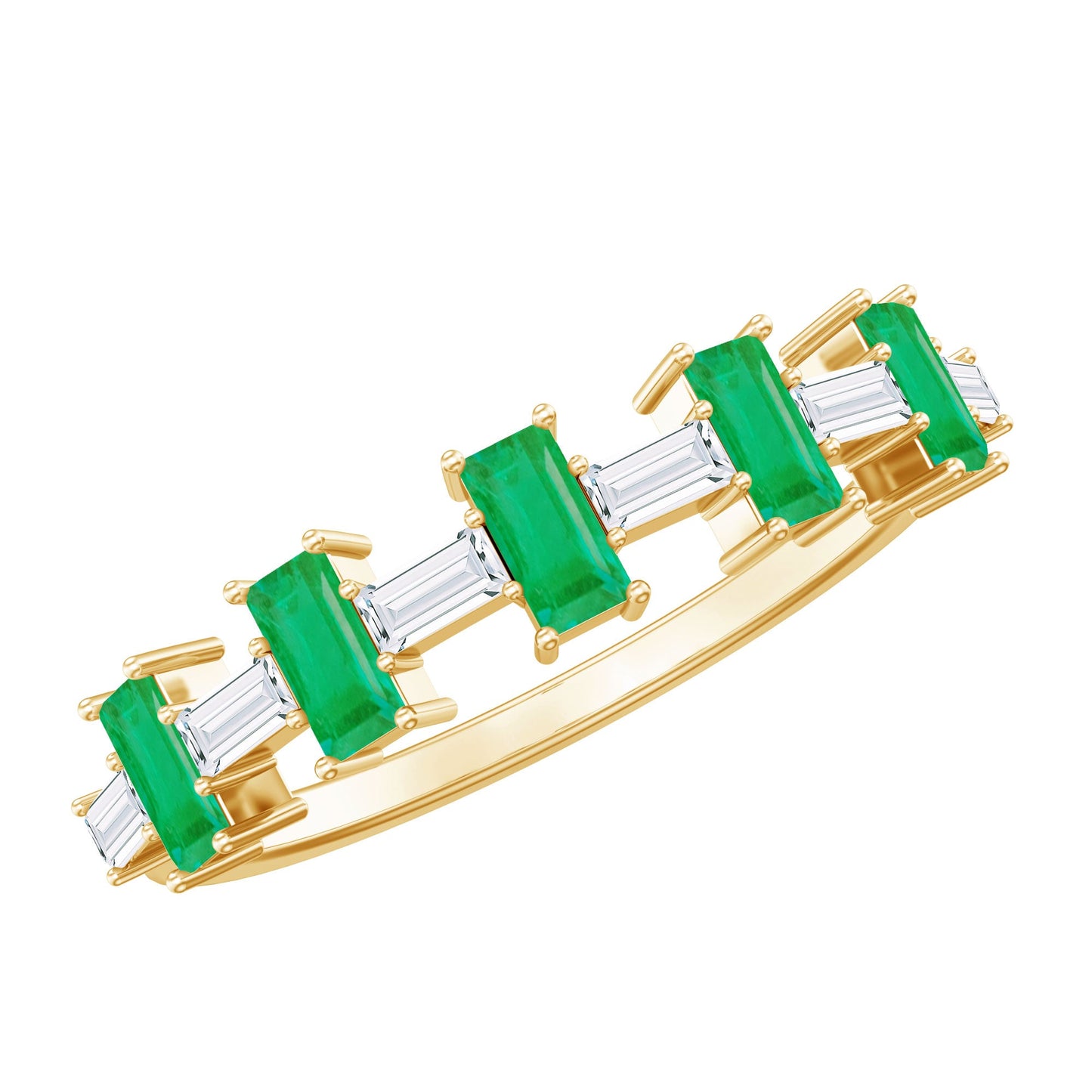 Genuine Baguette Emerald Half Eternity Ring with Moissanite