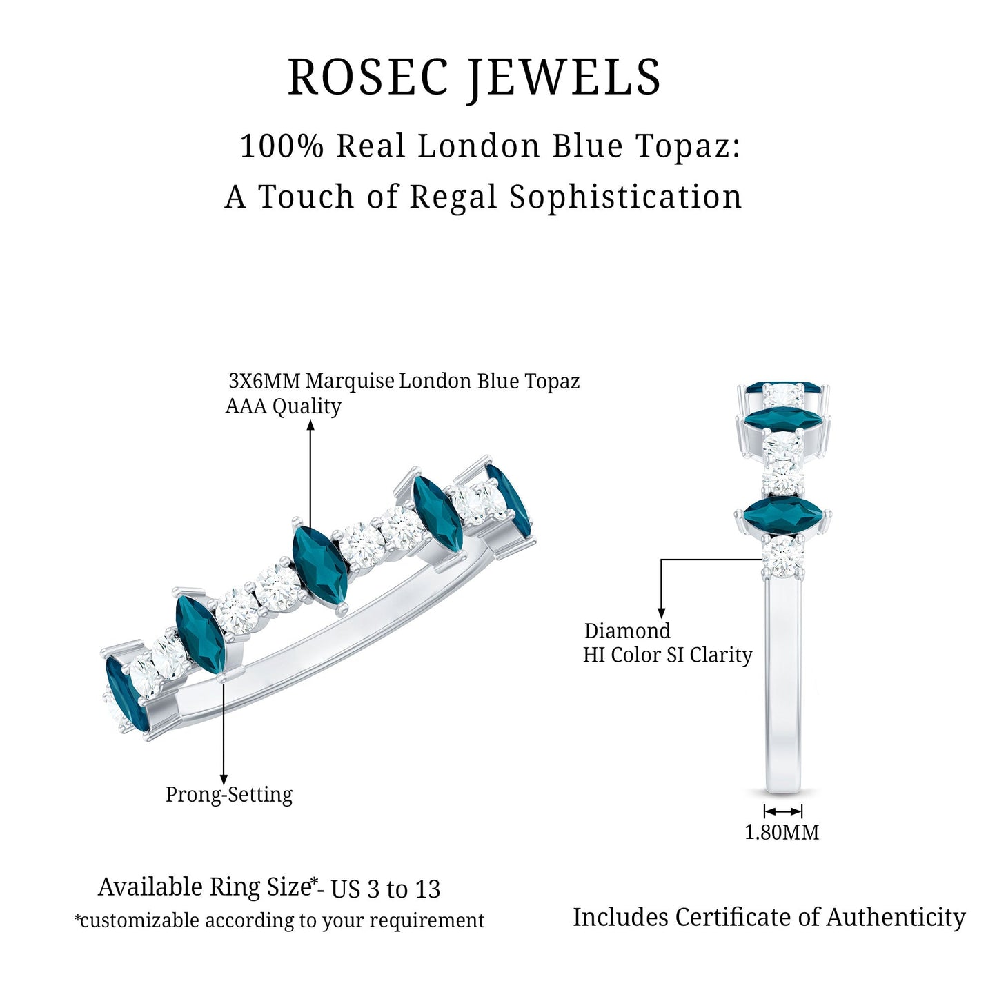 Marquise London Blue Topaz Semi Eternity Band with Diamond
