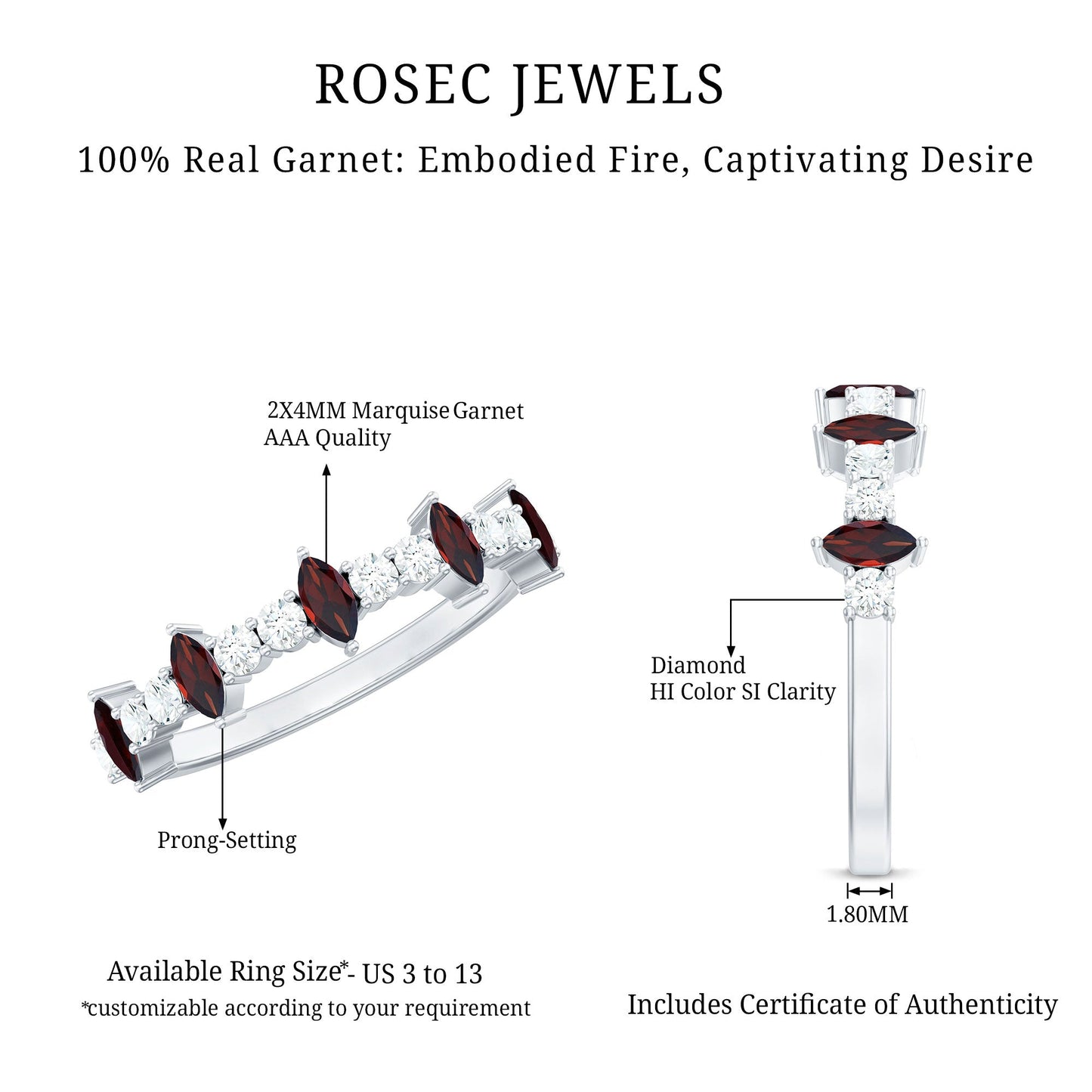 Natural Marquise Garnet Half Eternity Ring with Diamond