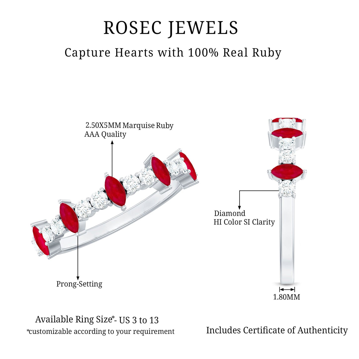 Natural Marquise Ruby Diamond Half Eternity Ring