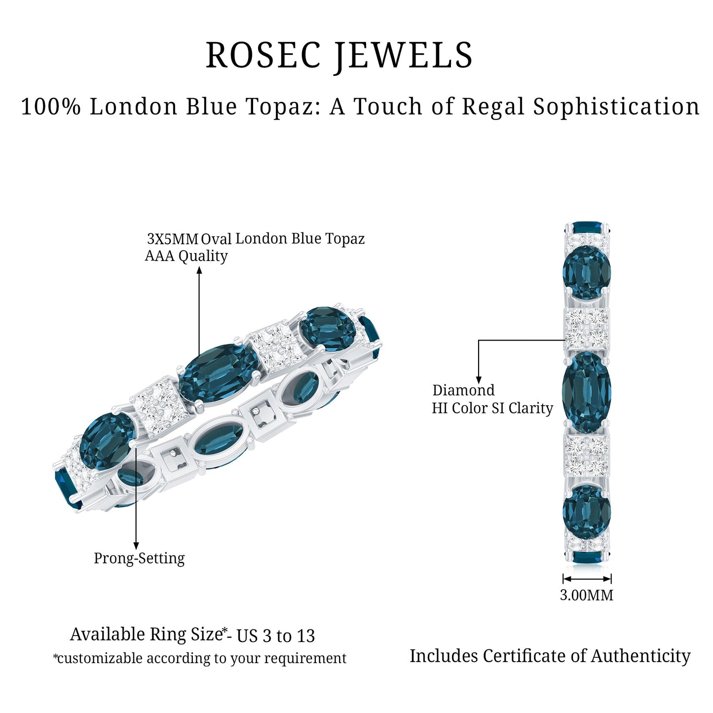 Oval London Blue Topaz Full Eternity Band Ring with Diamond