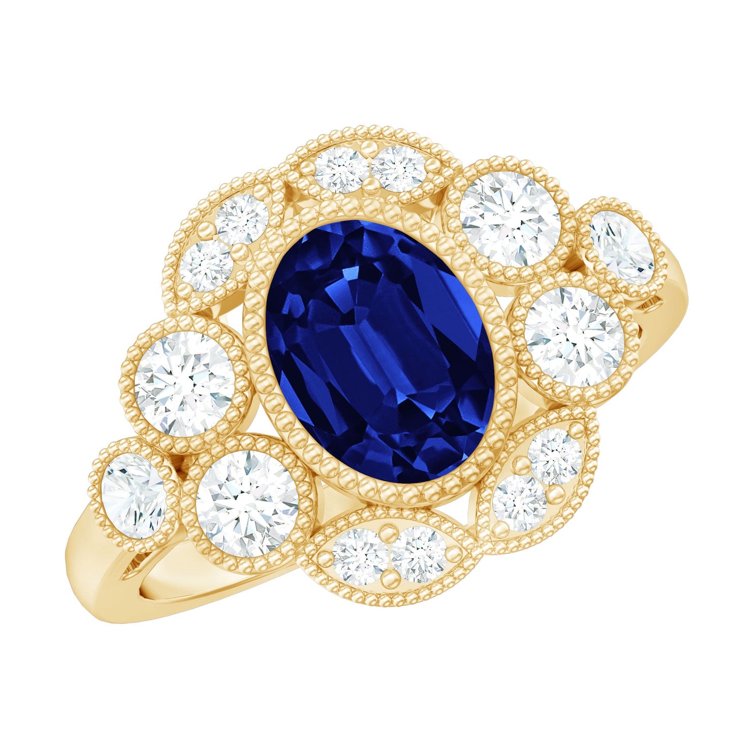 Vintage Looking 1.5 Carat Lab Grown Blue Sapphire Engagement Ring with Diamond