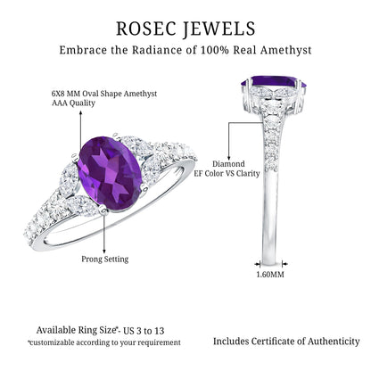 Natural 1 Carat Amethyst Oval Engagement Ring with Diamond