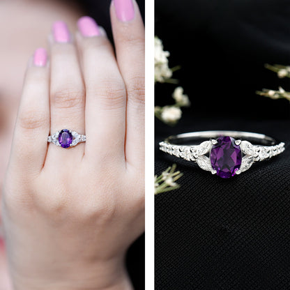 Natural 1 Carat Amethyst Oval Engagement Ring with Diamond