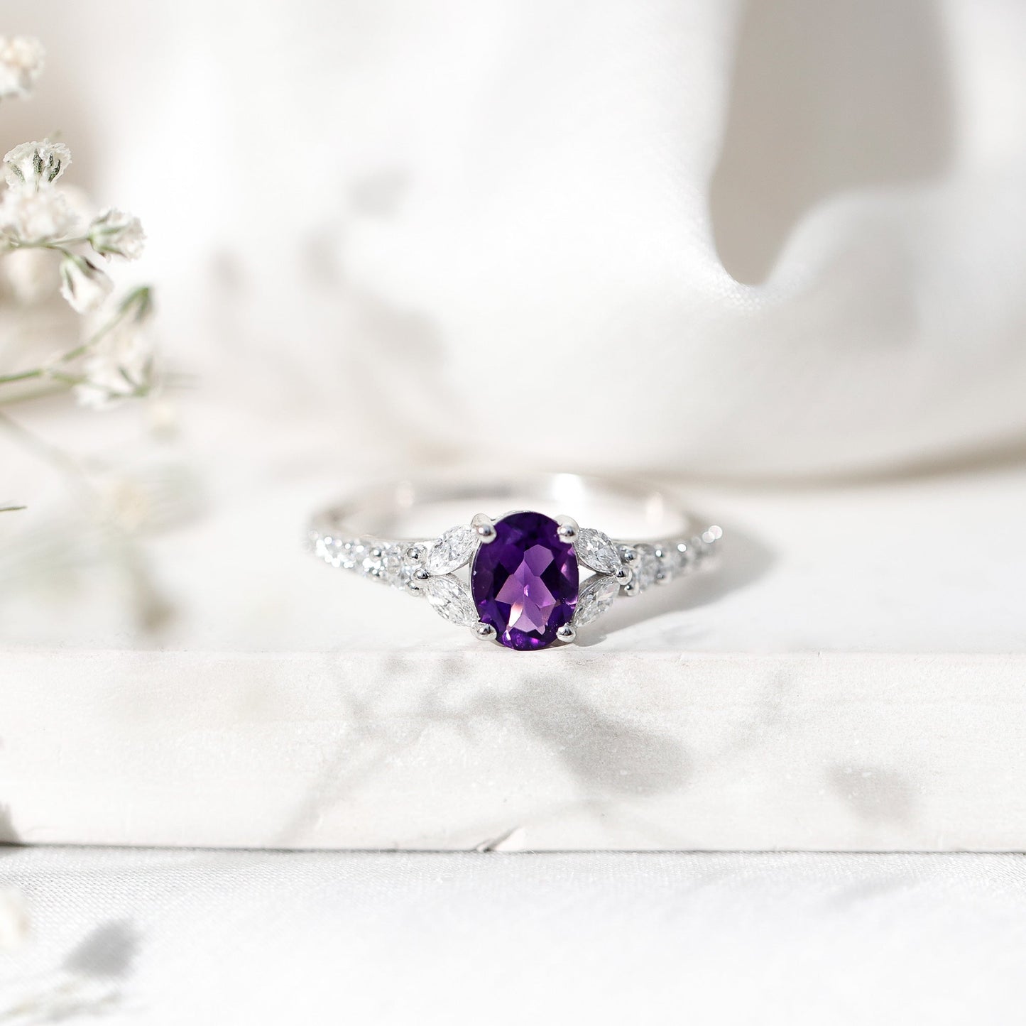 Natural 1 Carat Amethyst Oval Engagement Ring with Diamond