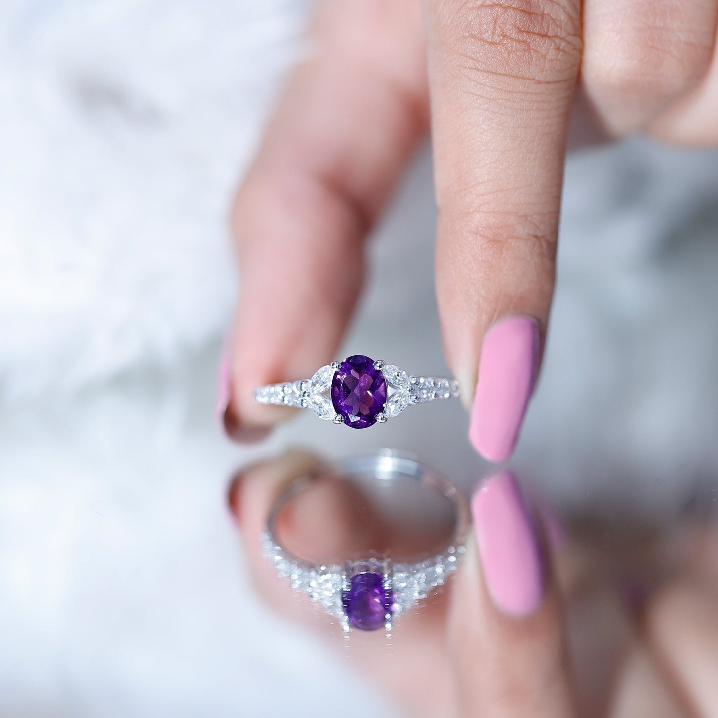 Natural 1 Carat Amethyst Oval Engagement Ring with Diamond