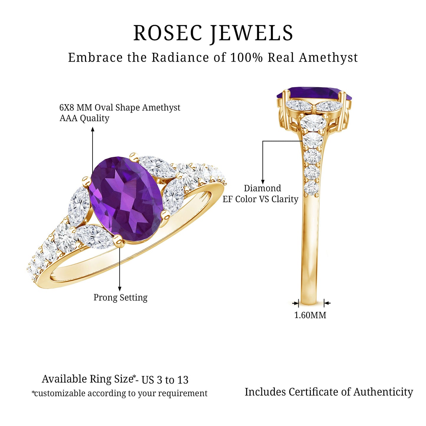 Natural 1 Carat Amethyst Oval Engagement Ring with Diamond