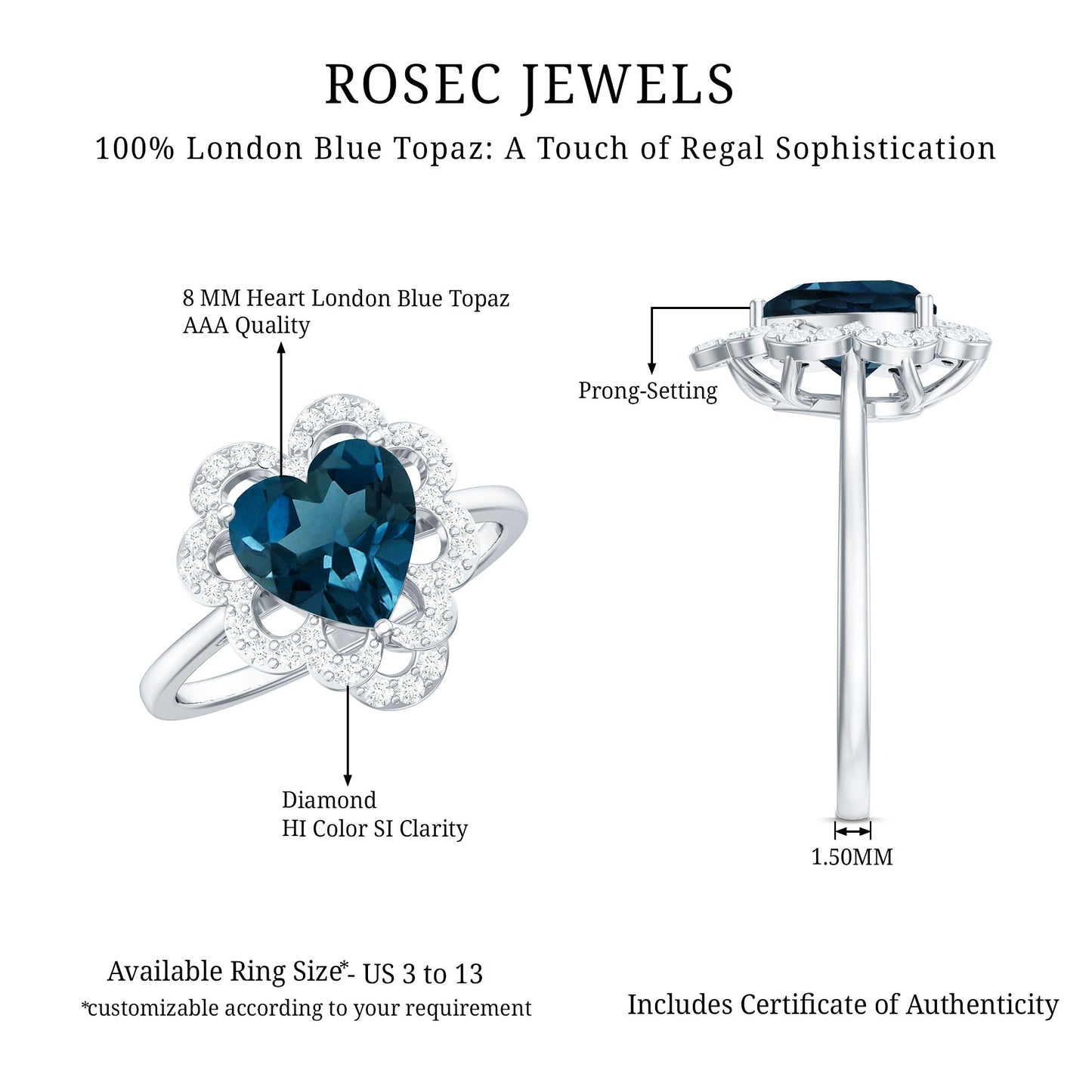 2 Carat Heart Shape London Blue Topaz Designer Engagement Ring with Diamond Halo