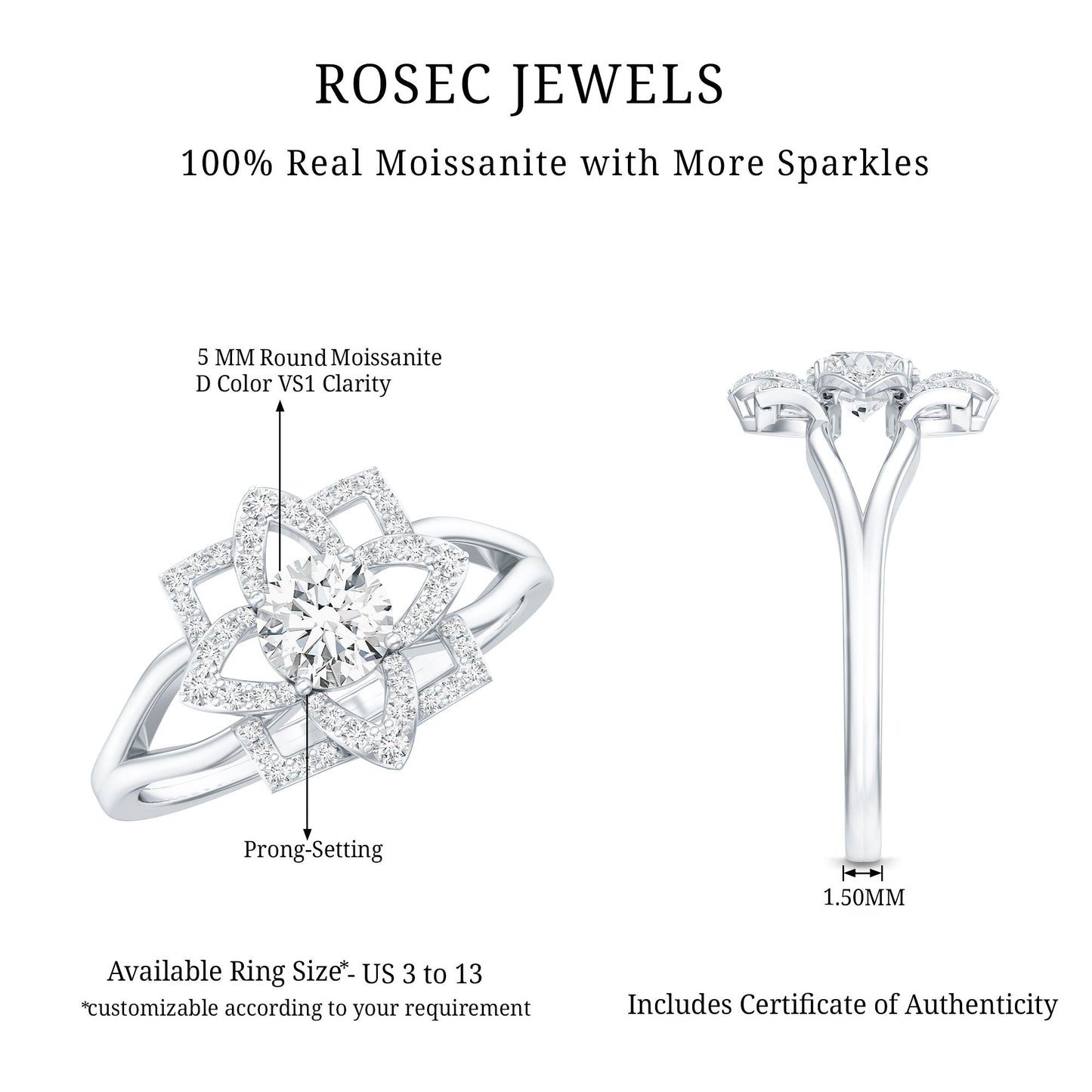 Certified Moissanite Floral Engagement Ring with Split Shank