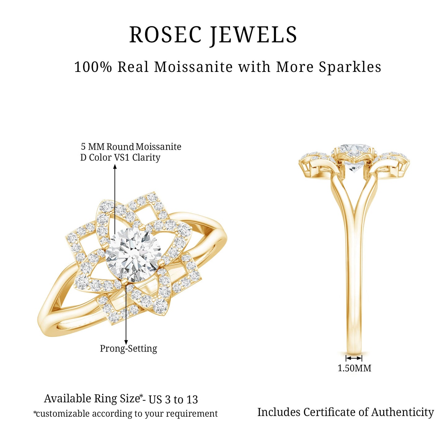 Certified Moissanite Floral Engagement Ring with Split Shank