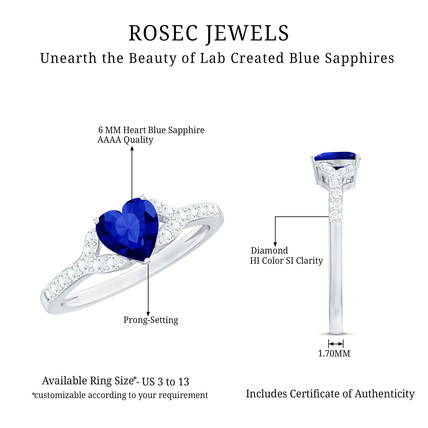 Certified 0.9 Carat Lab Grown Blue Sapphire Heart Engagement Ring with Real Diamond