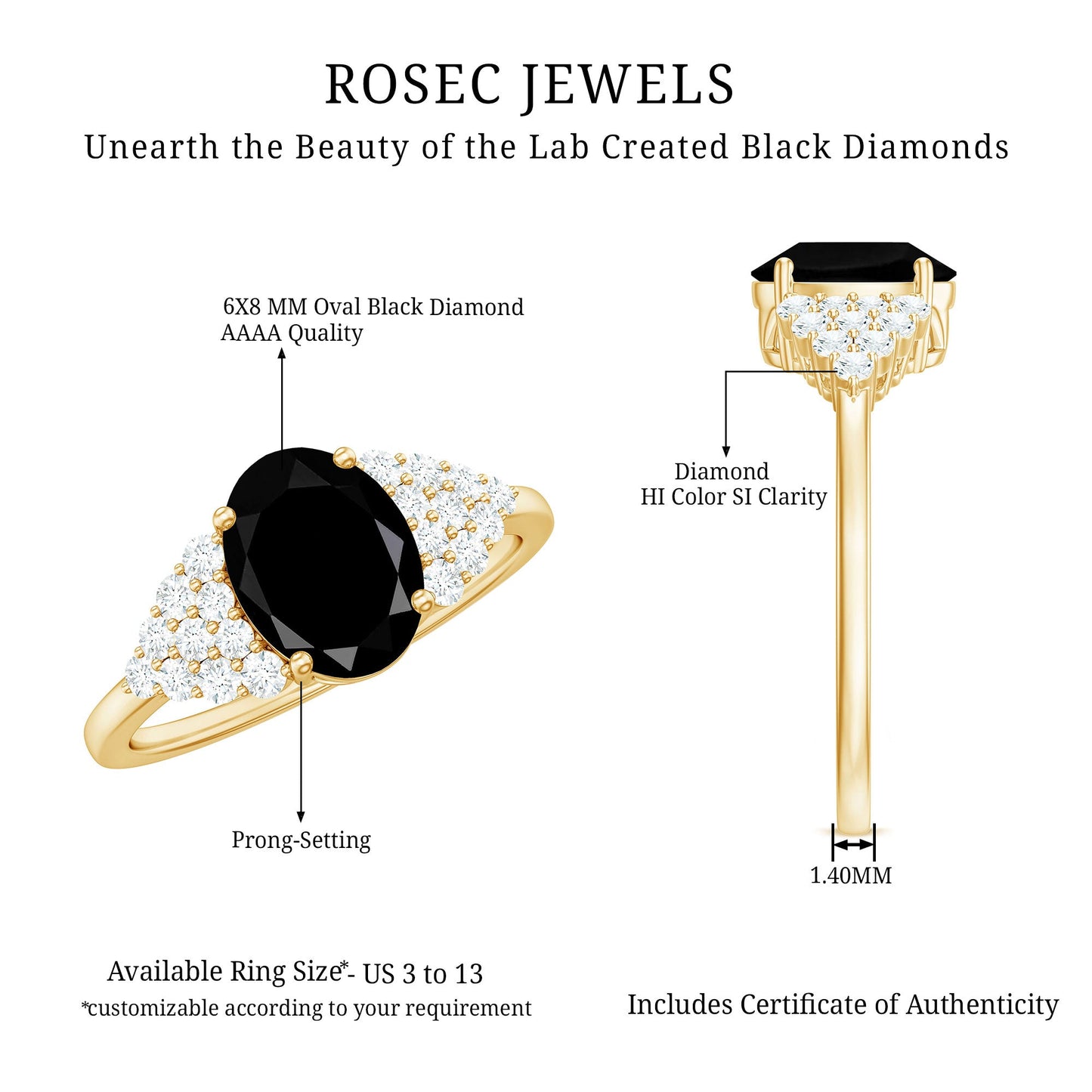 1.9 Carat Lab Grown Black Diamond Oval Engagement Ring with White Diamond
