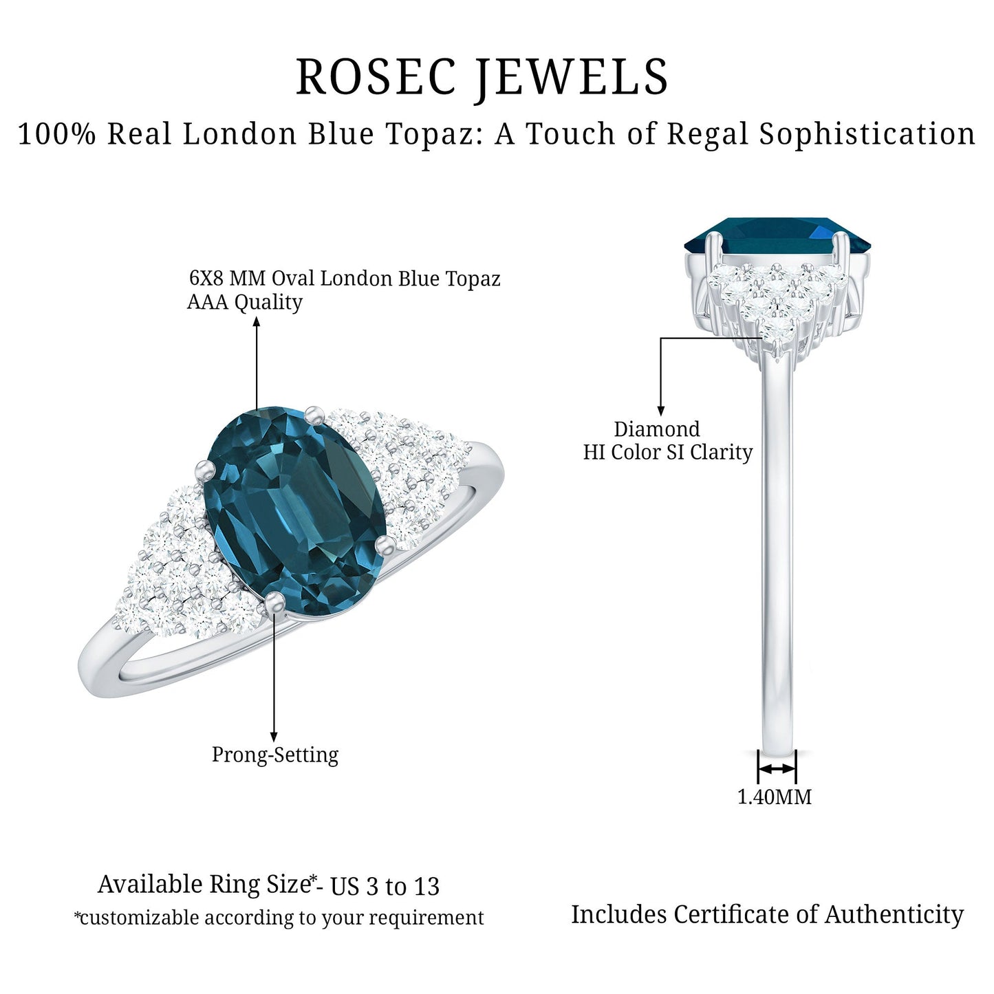 1 Carat Oval Cut London Blue Topaz Classic Engagement Ring with Diamond
