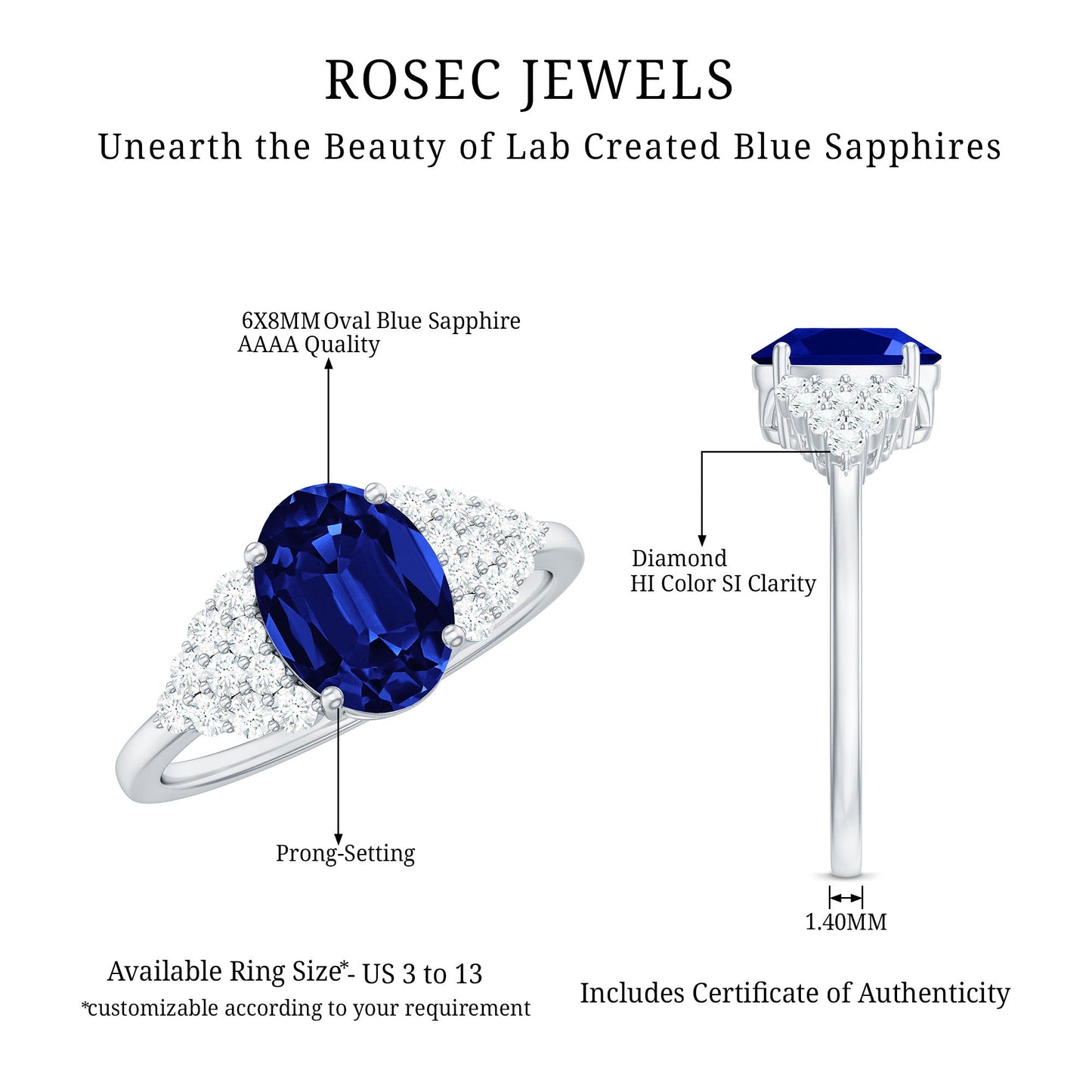 Certified 1.5 Carat Lab Grown Blue Sapphire Oval Engagement Ring with Diamond Side Stones