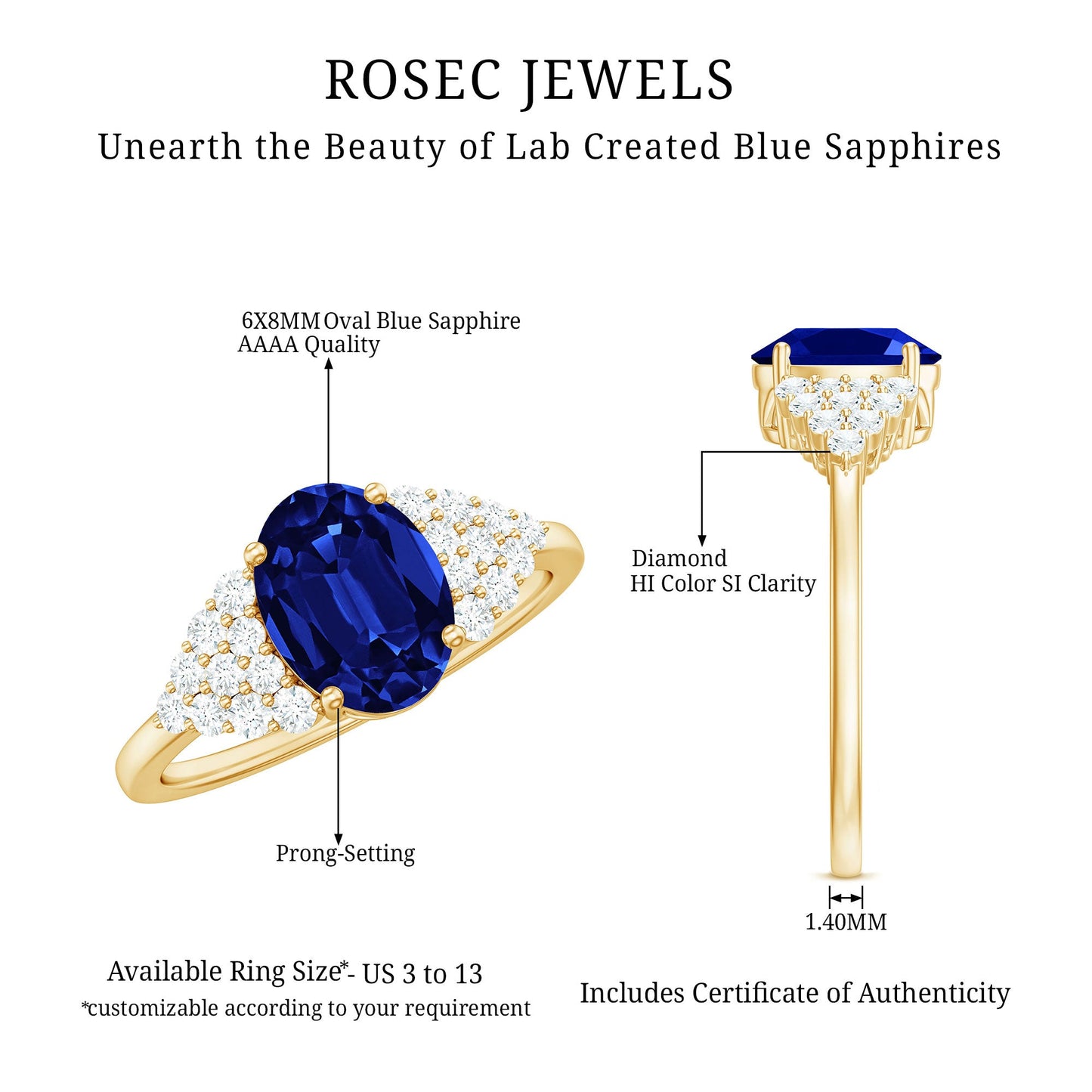 Certified 1.5 Carat Lab Grown Blue Sapphire Oval Engagement Ring with Diamond Side Stones