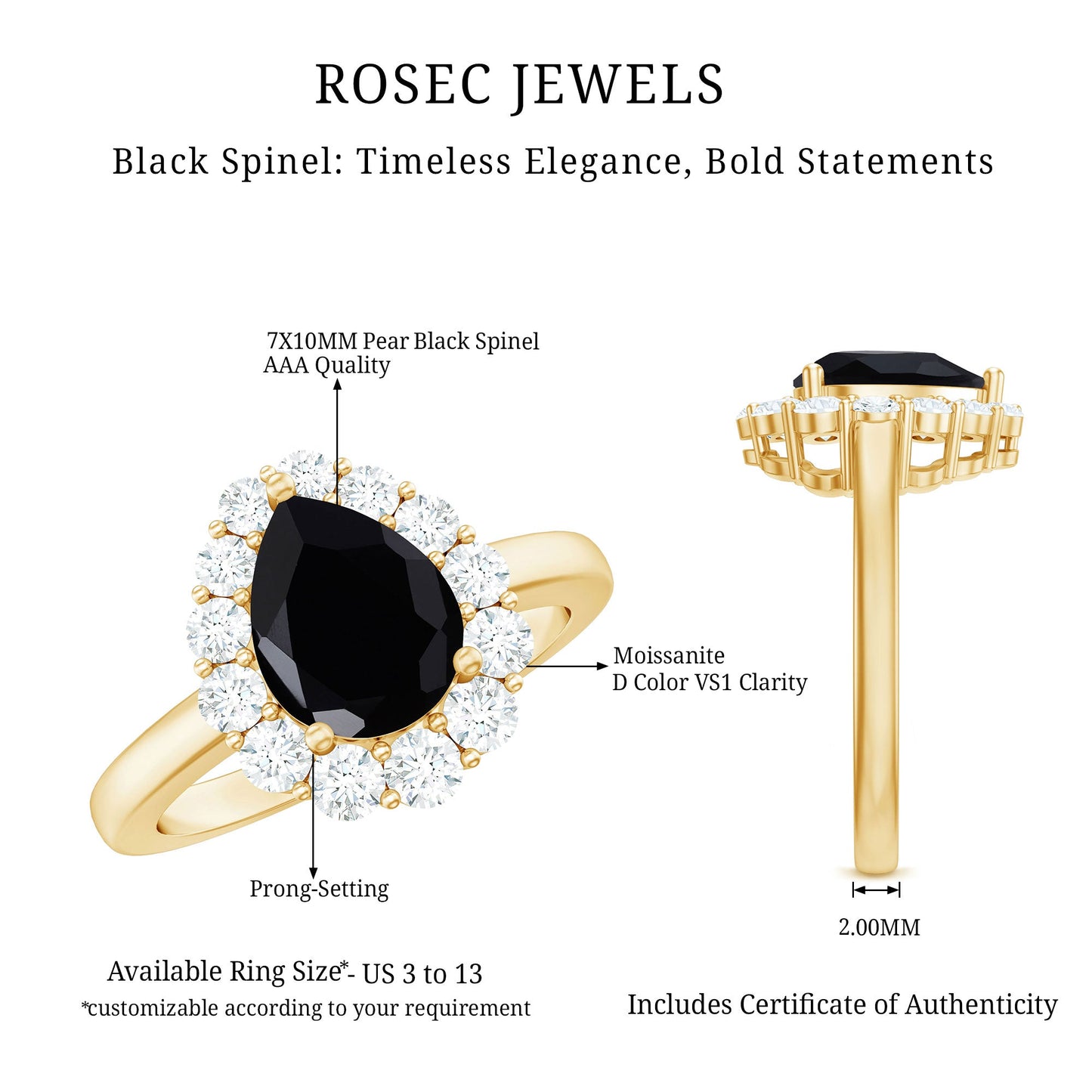 Certified Genuine 1.7 Carat Black Spinel Teardrop Engagement Ring with Diamond Halo