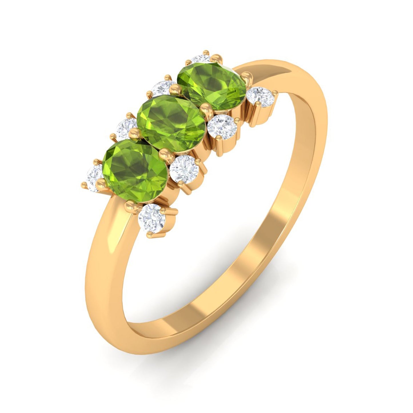 Oval Cut Peridot Three Stone Ring with Diamond Stones
