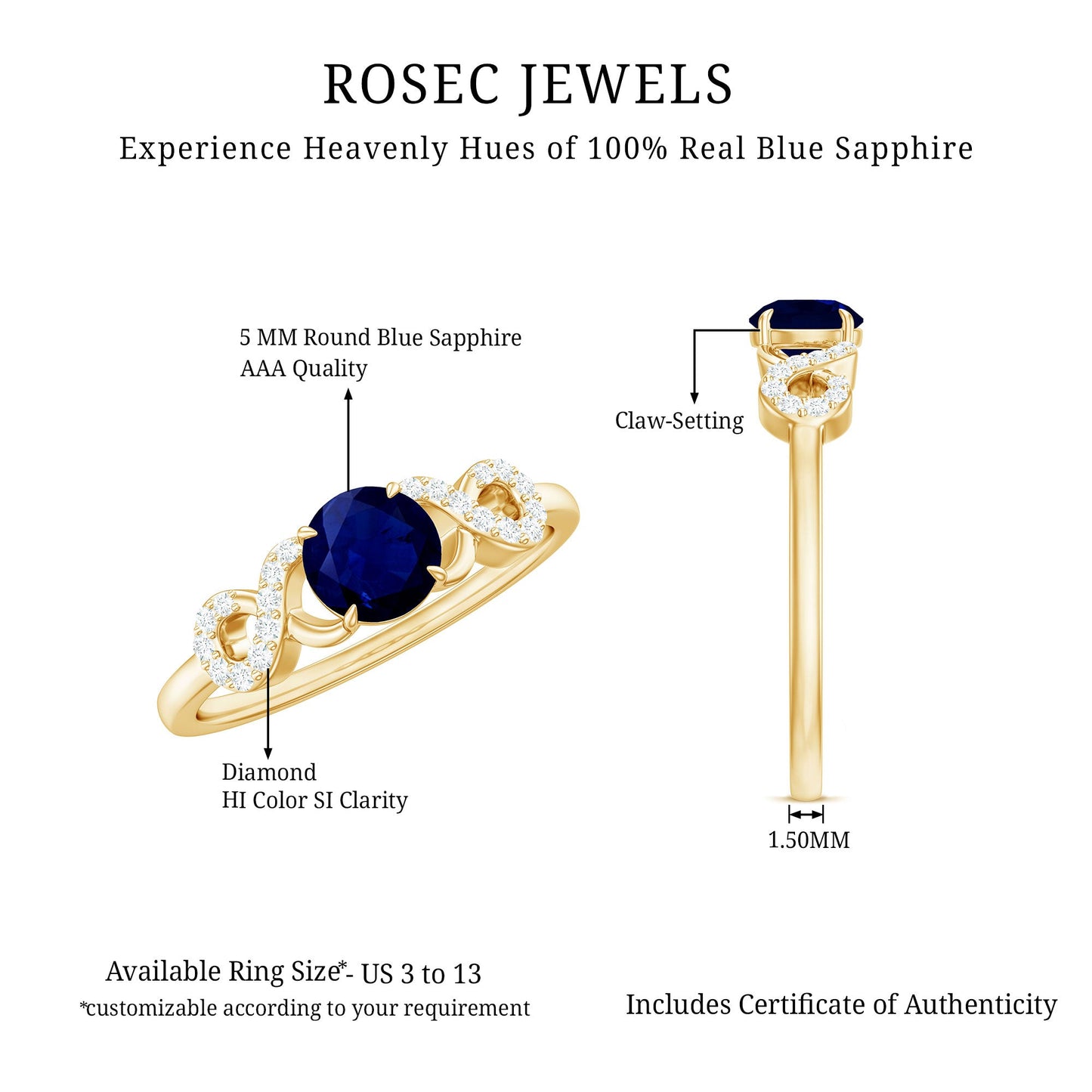 Real 0.9 Carat Blue Sapphire Infinity Promise Ring with Diamond