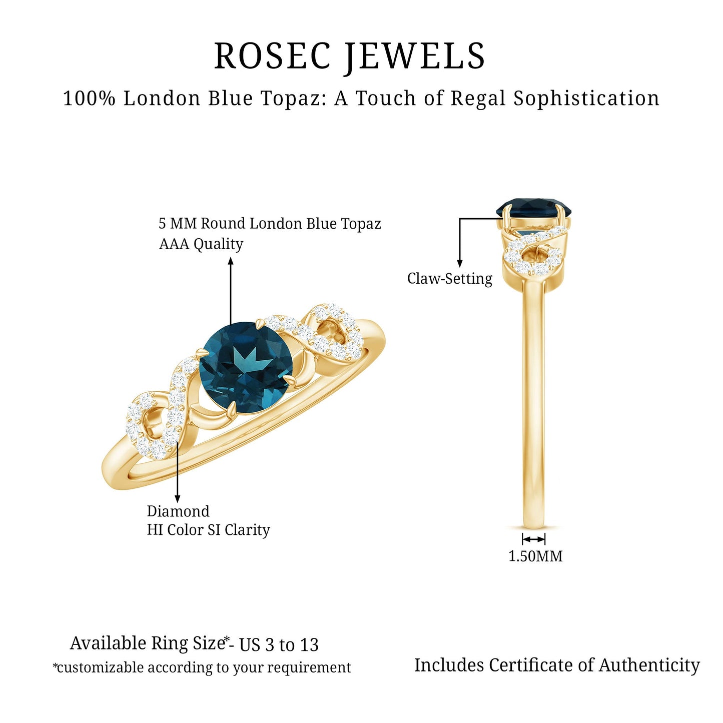 0.6 Carat Round London Blue Topaz Engagement Ring with Criss Cross Diamond