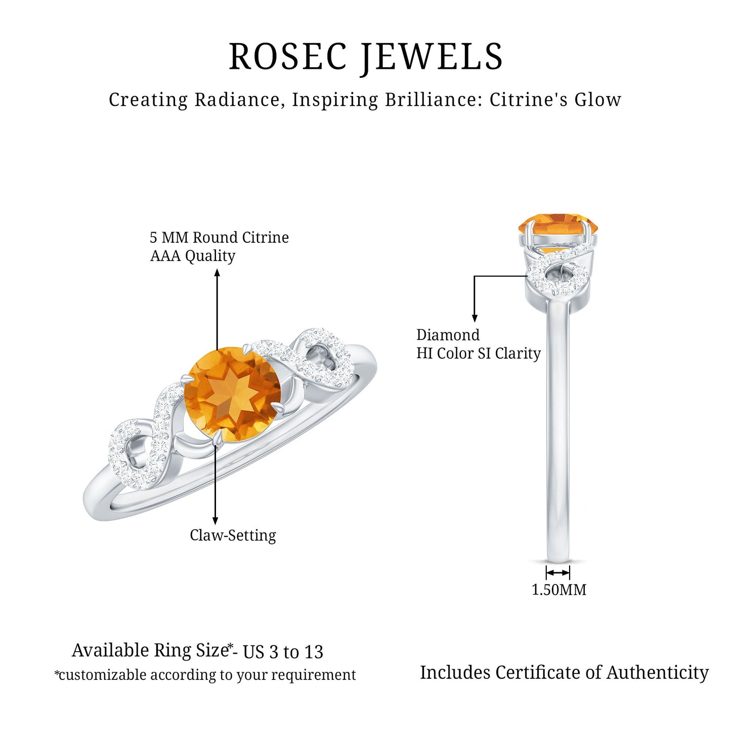 Certified Natural Citrine Infinity Promise Ring with Diamonds