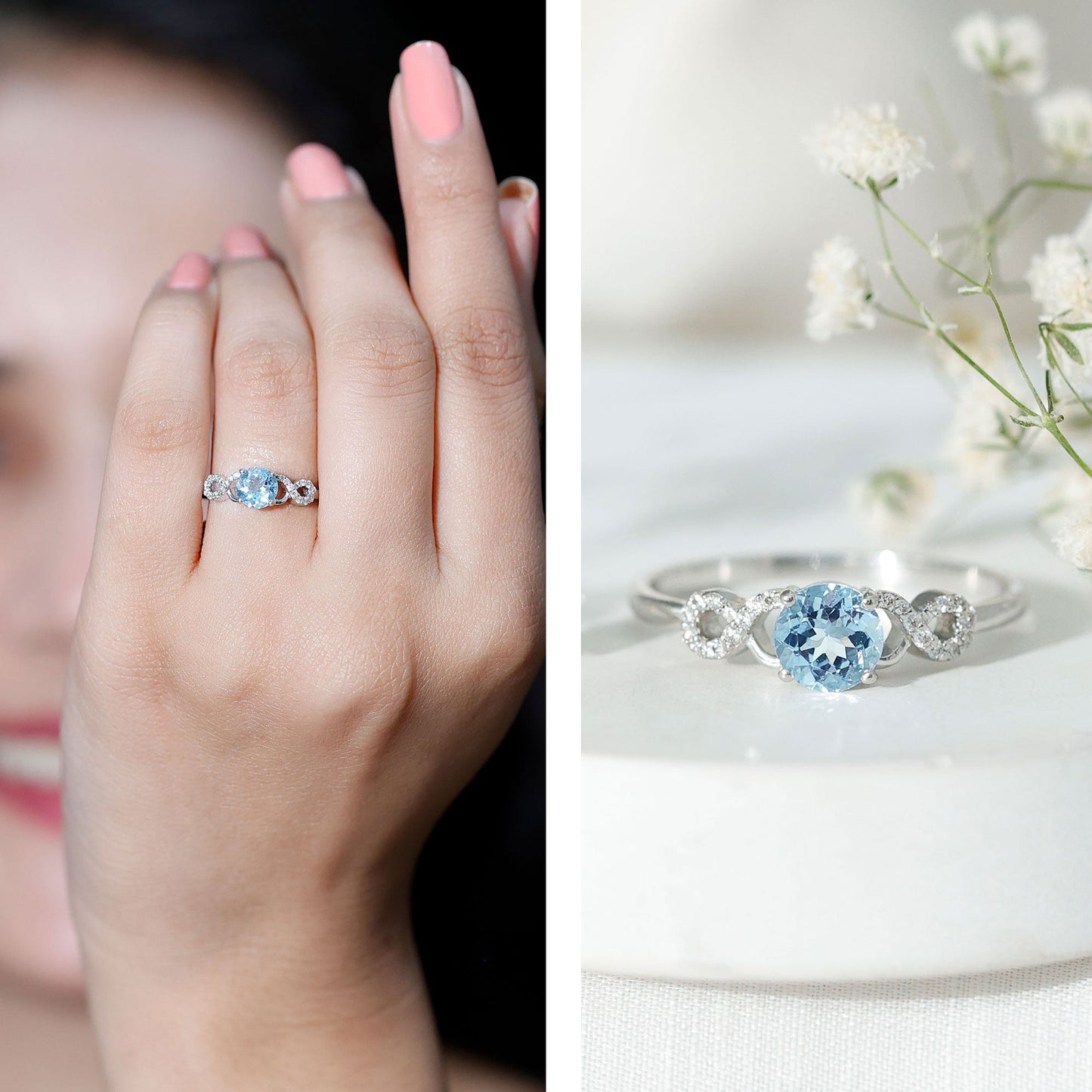 Round Shape Aquamarine and Diamond Infinity Engagement Ring
