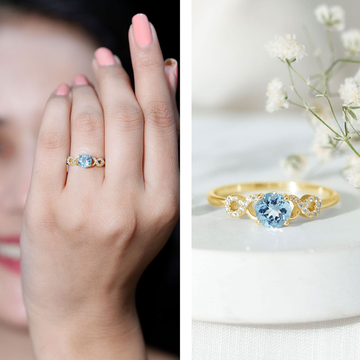 Round Shape Aquamarine and Diamond Infinity Engagement Ring