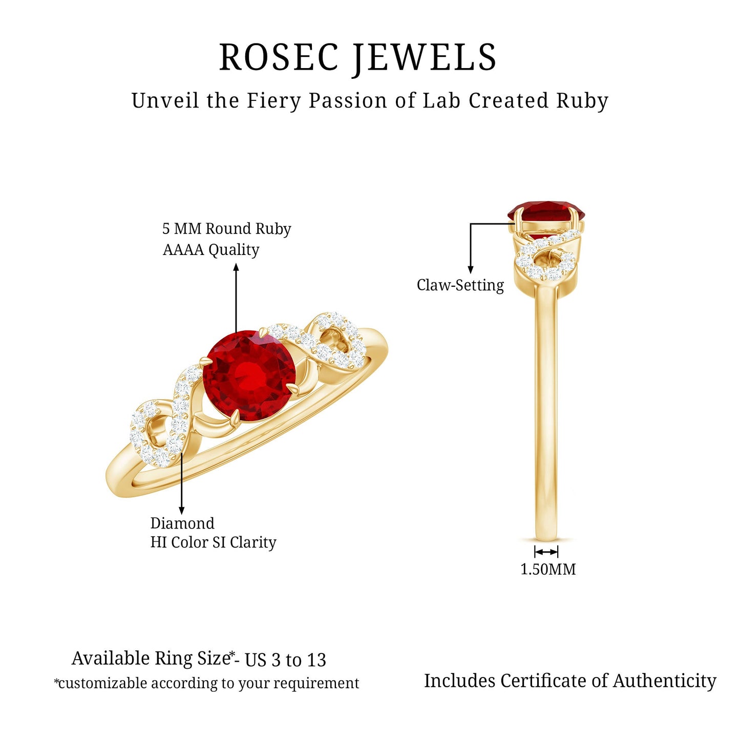 Certified 0.6 Carat Lab Grown Ruby Promise Ring with Diamond Infinity Knot