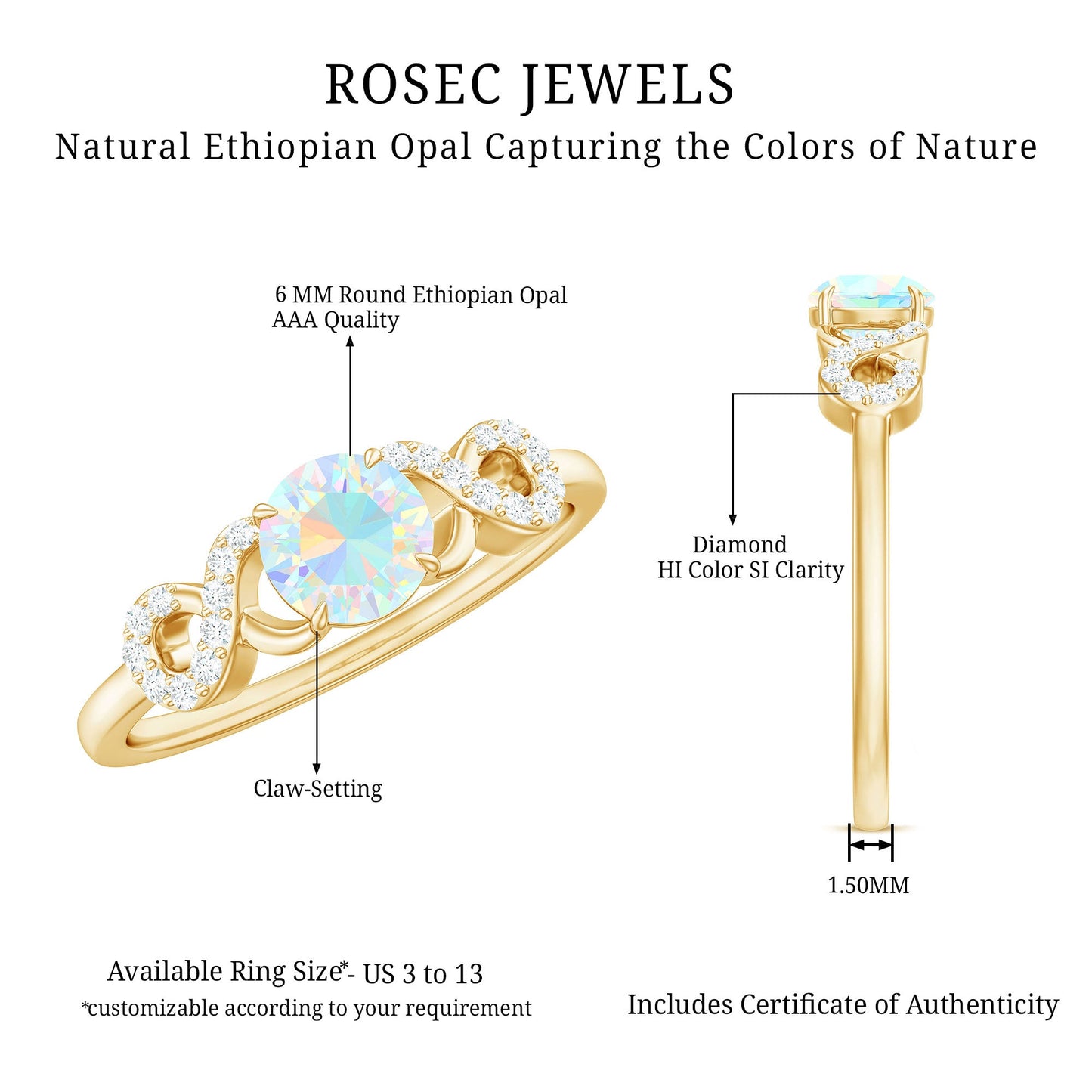 Certified Real Ethiopian Rainbow Opal Diamond Engagement Ring with Criss Cross Shank