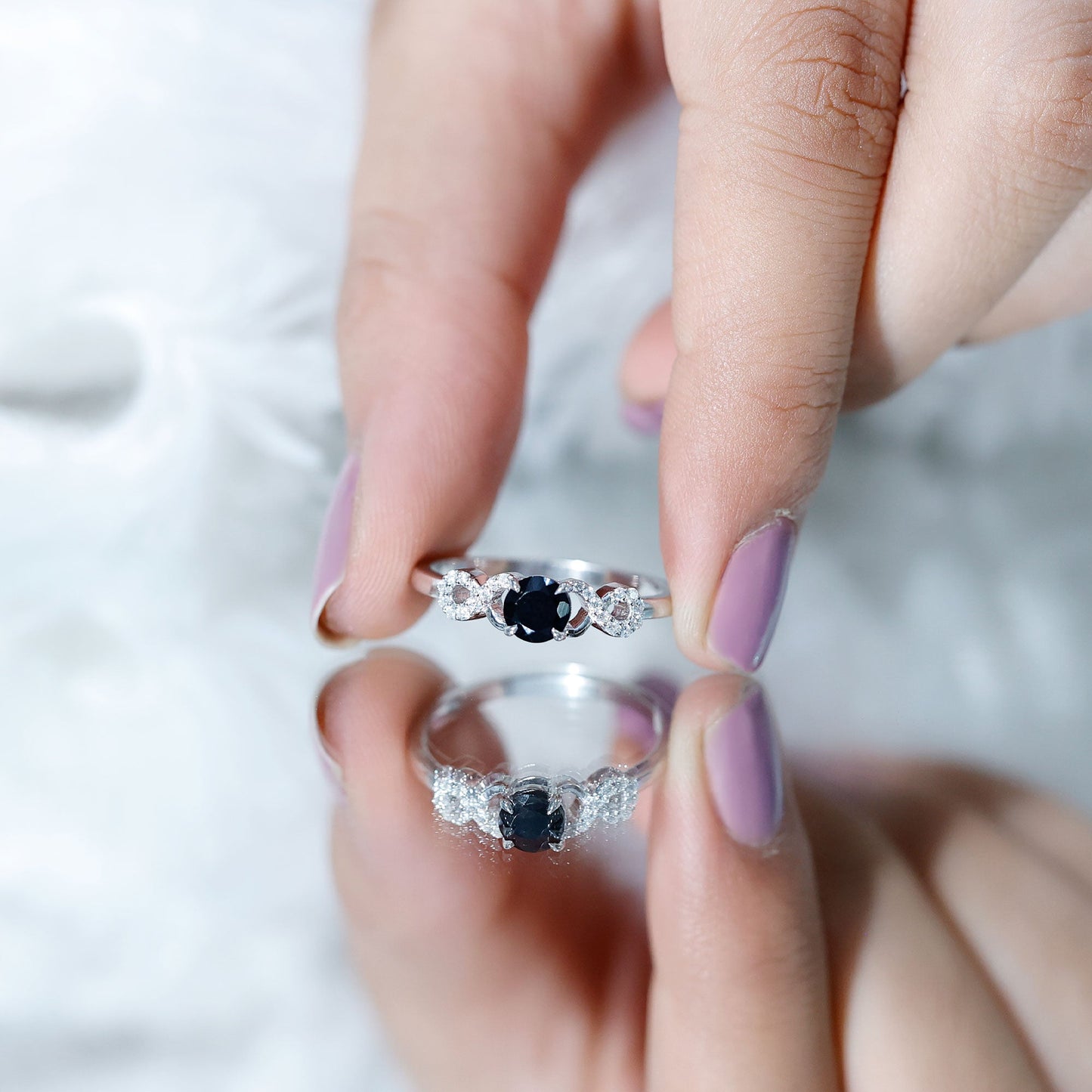 Natural Black Spinel Promise Ring with Diamond Infinity Knot