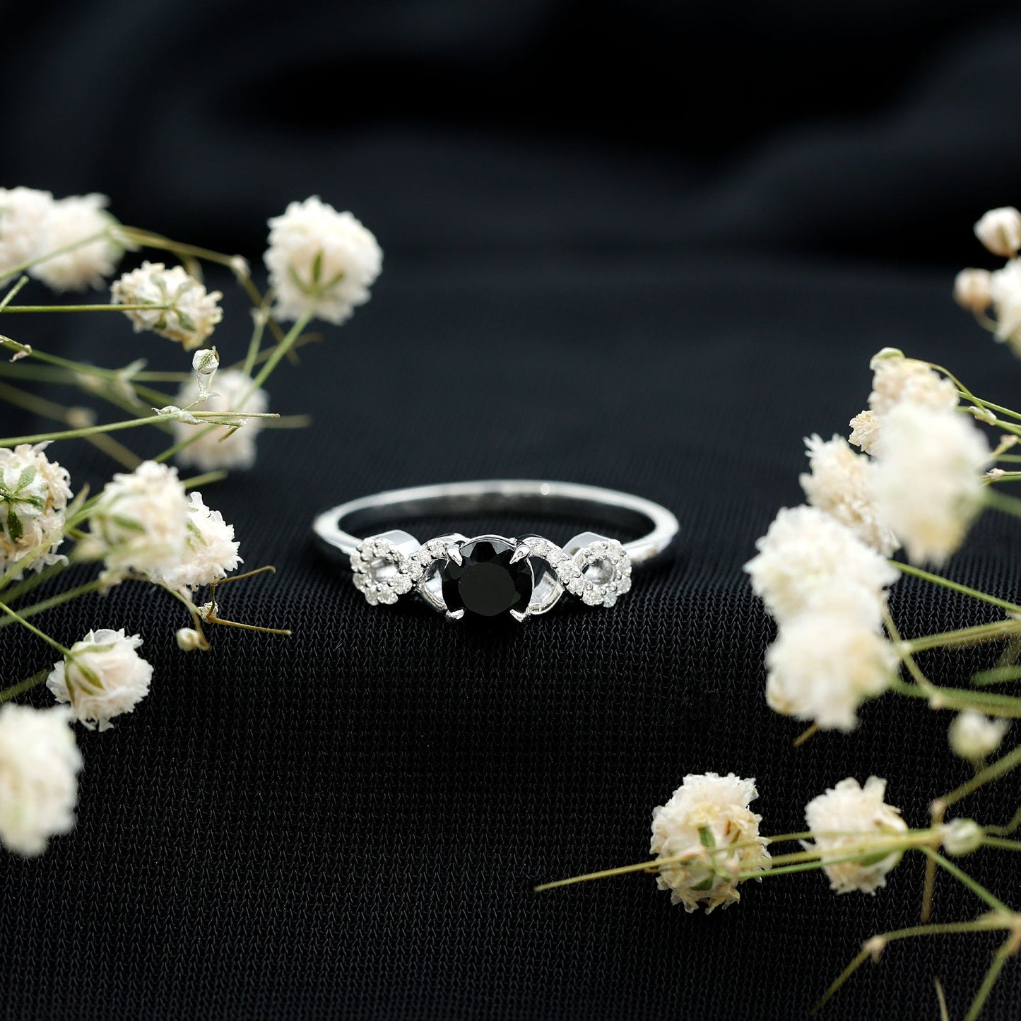 Natural Black Spinel Promise Ring with Diamond Infinity Knot