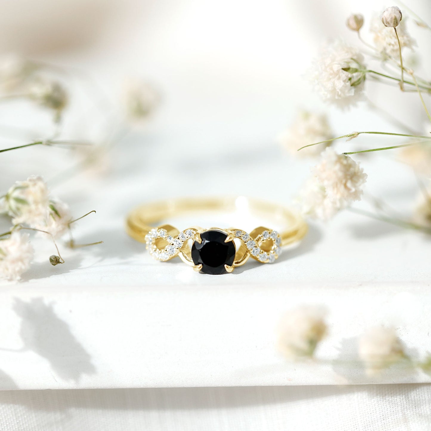 Natural Black Spinel Promise Ring with Diamond Infinity Knot