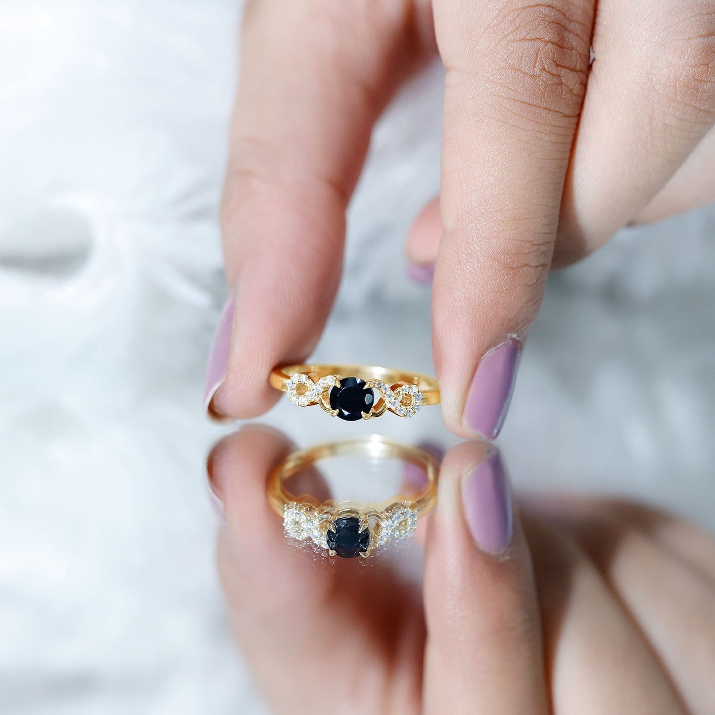 Natural Black Spinel Promise Ring with Diamond Infinity Knot