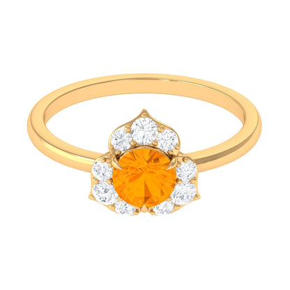 Round Fire Opal Flower Engagement Ring with Diamond