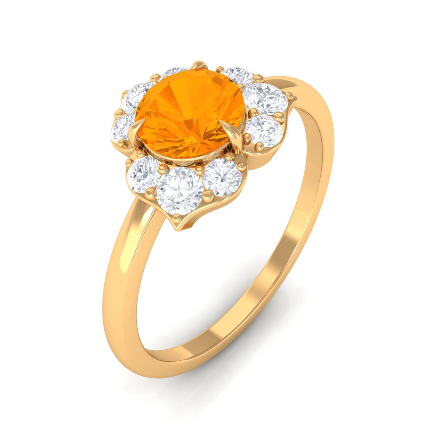 Round Fire Opal Flower Engagement Ring with Diamond
