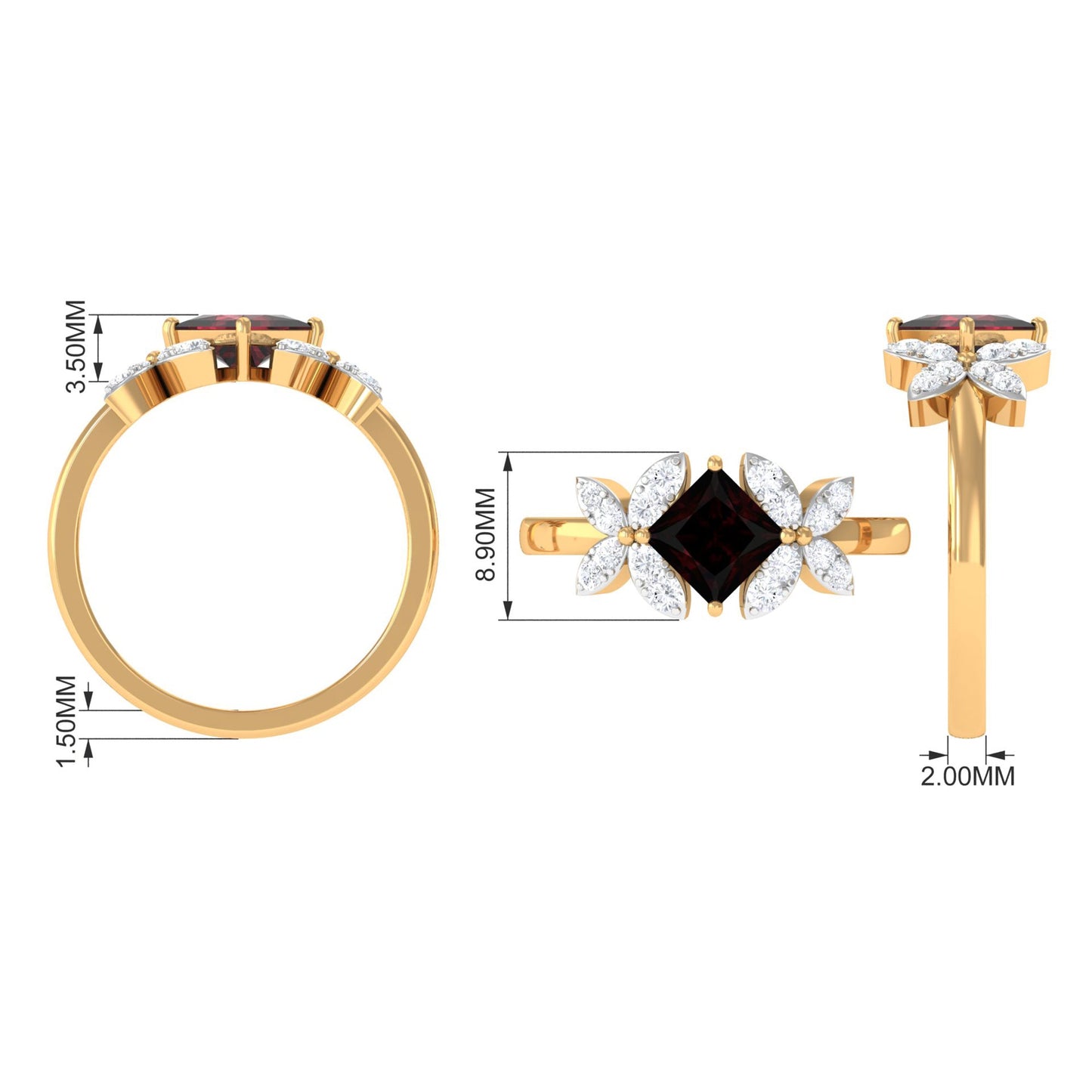 Natural 1.4 Carat Garnet Princess Cut Engagement Ring with Diamond Flower