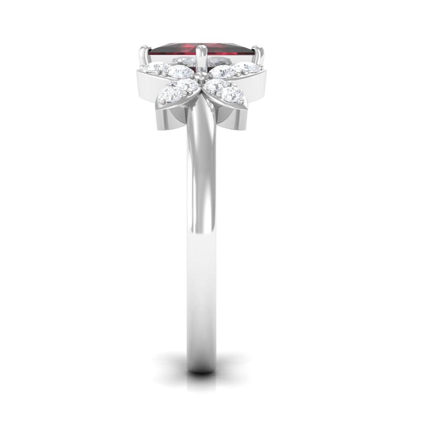 Natural 1.4 Carat Garnet Princess Cut Engagement Ring with Diamond Flower