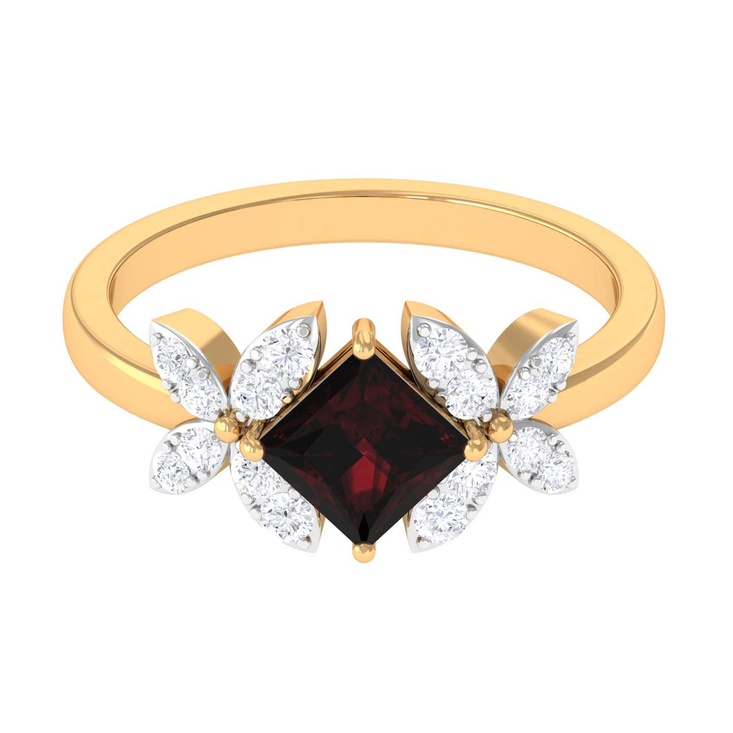 Natural 1.4 Carat Garnet Princess Cut Engagement Ring with Diamond Flower