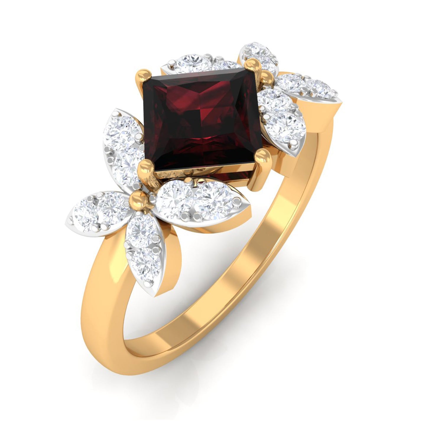 Natural 1.4 Carat Garnet Princess Cut Engagement Ring with Diamond Flower