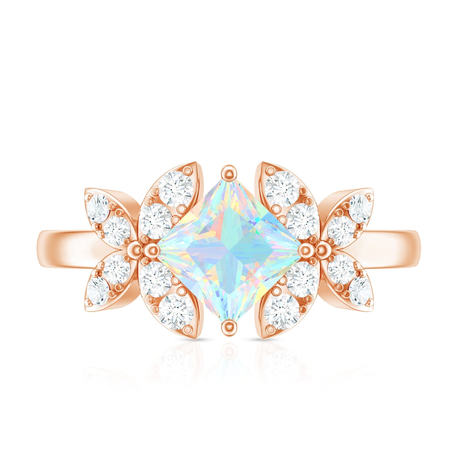 Natural Princess Cut Ethiopian Opal Flower Engagement Ring with Diamond