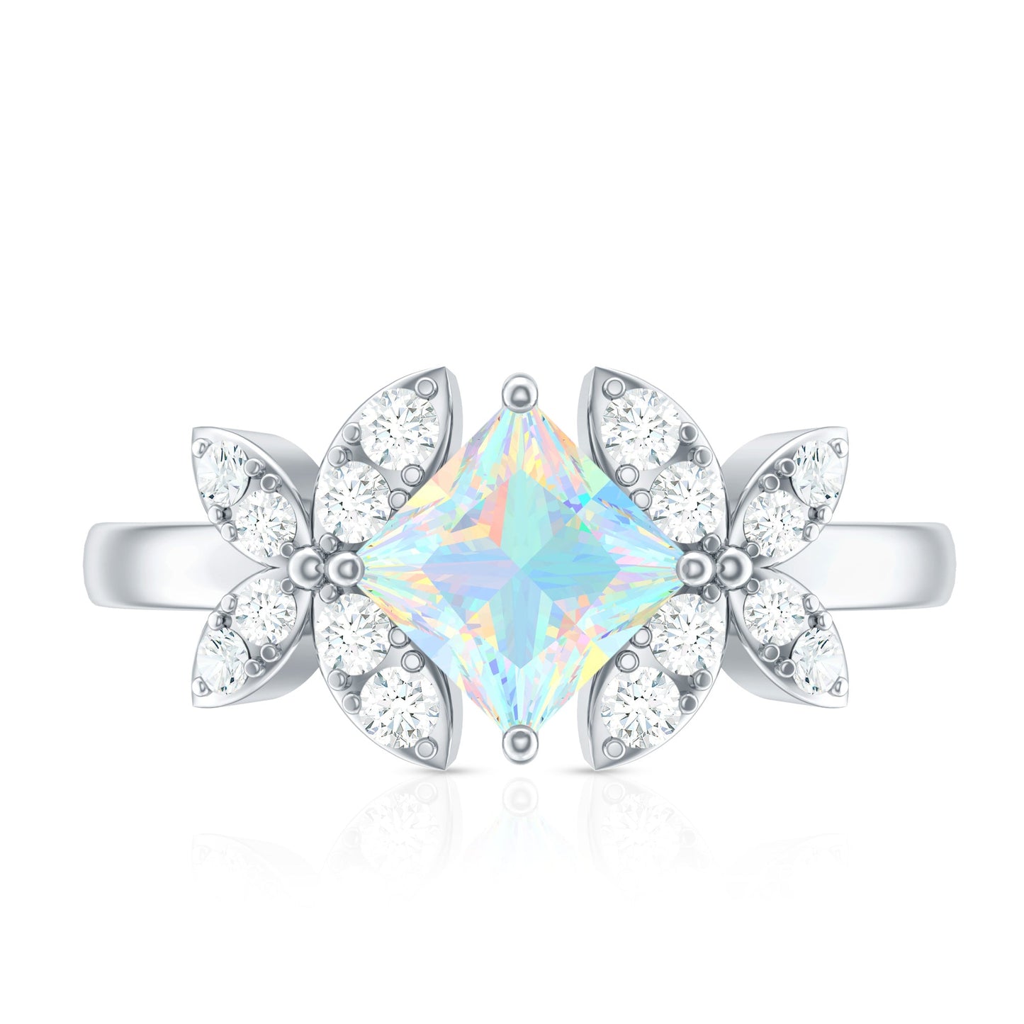 Natural Princess Cut Ethiopian Opal Flower Engagement Ring with Diamond