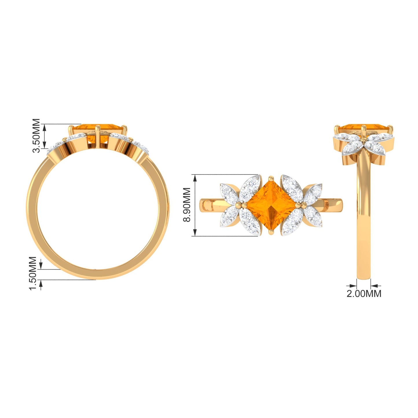 0.5 Carat Princess Cut Fire Opal Flower Engagement Ring with Diamond