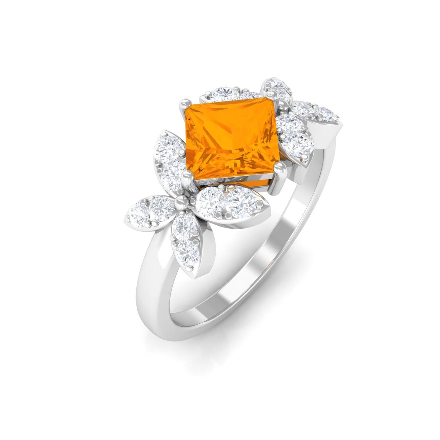 0.5 Carat Princess Cut Fire Opal Flower Engagement Ring with Diamond