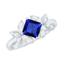 Certified 1.5 Carat Princess Cut Lab Grown Blue Sapphire Engagement Ring with Diamond Flower