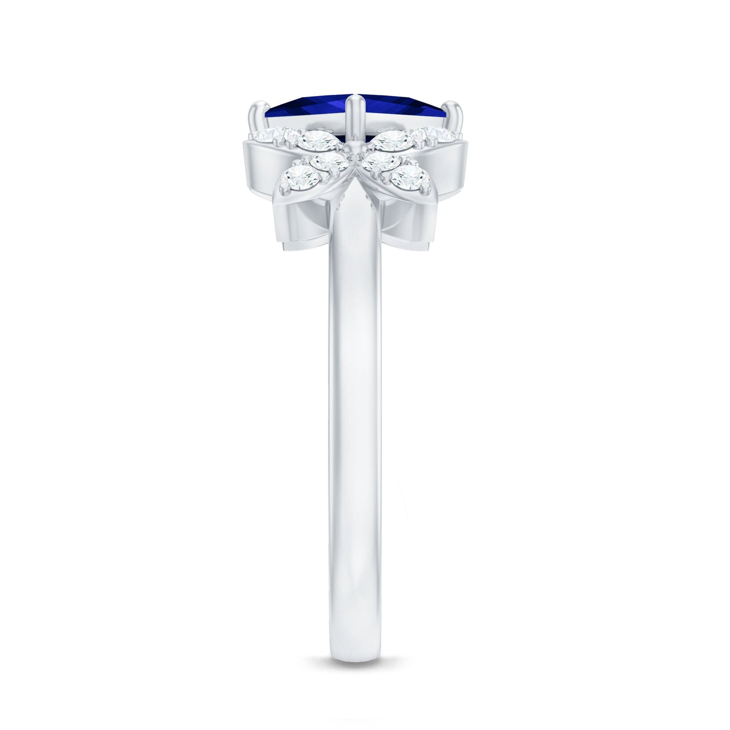 Certified 1.5 Carat Princess Cut Lab Grown Blue Sapphire Engagement Ring with Diamond Flower