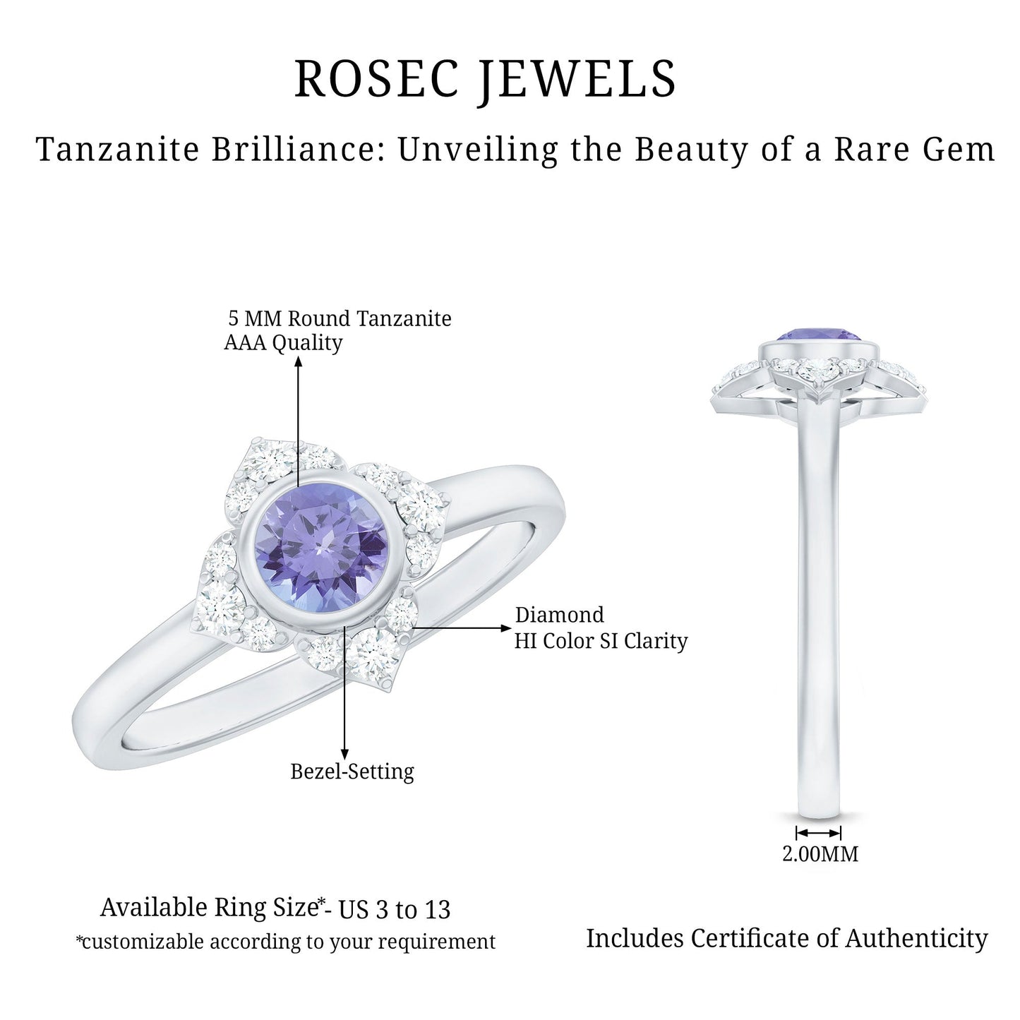 Certified Real Tanzanite Flower Engagement Ring with Diamond
