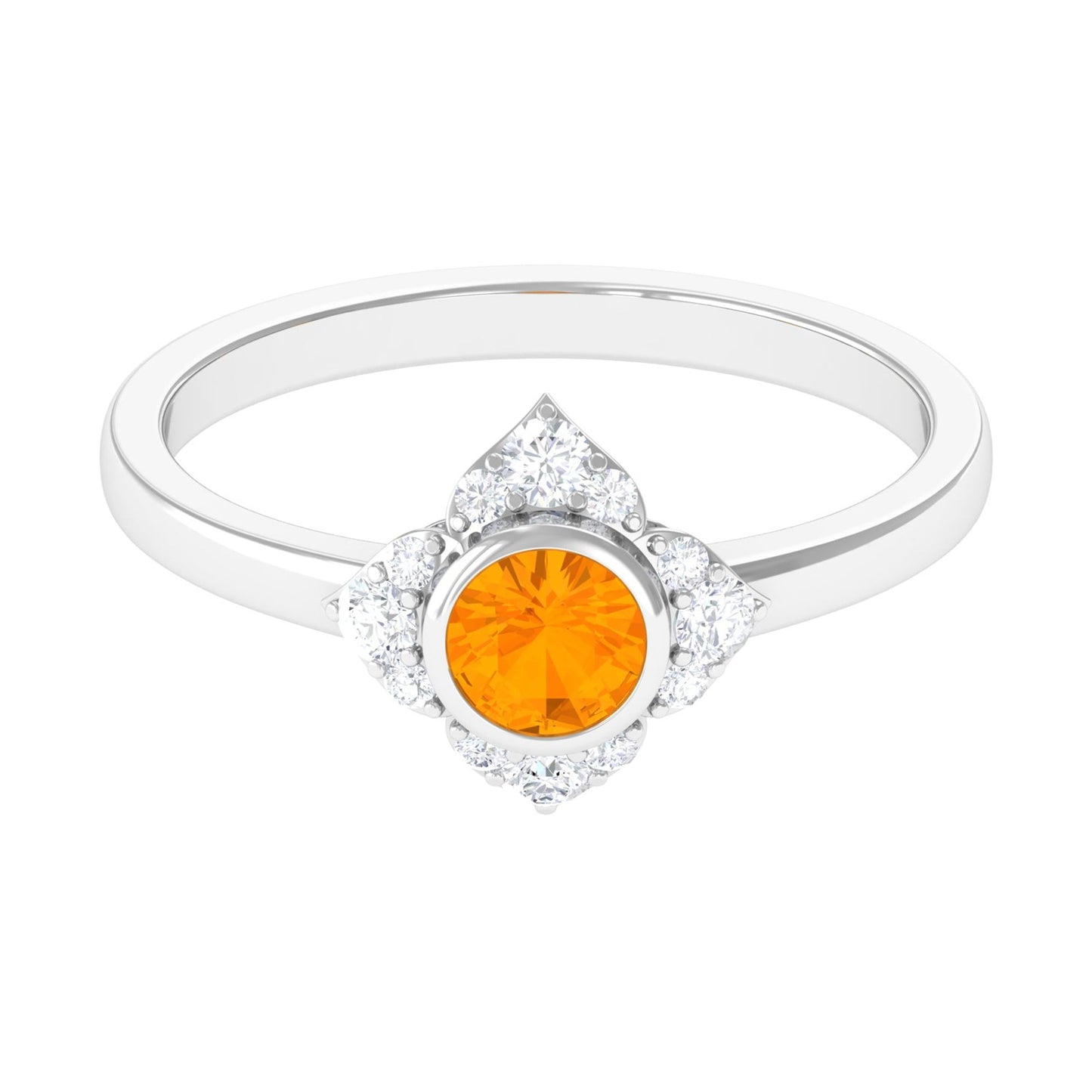 Bezel Set Orange Fire Opal Flower Engagement Ring with Diamond