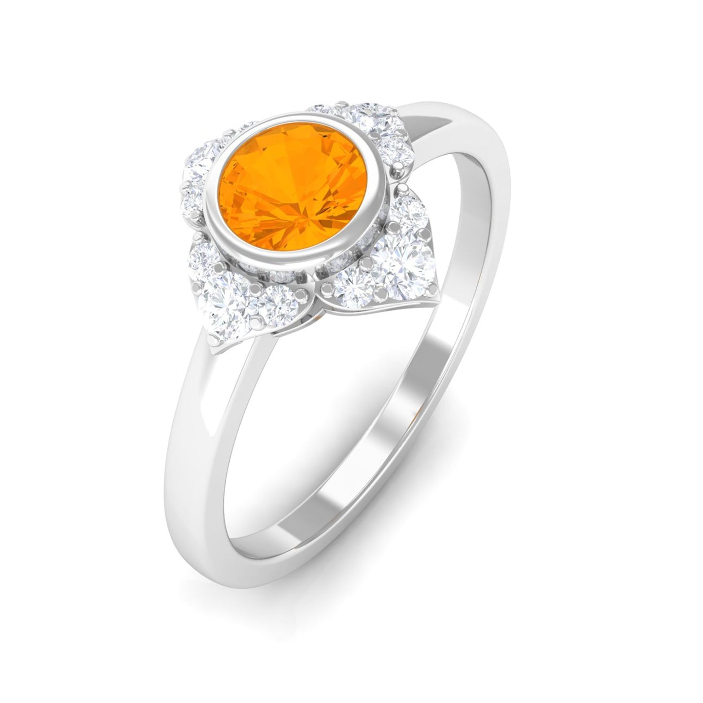 Bezel Set Orange Fire Opal Flower Engagement Ring with Diamond